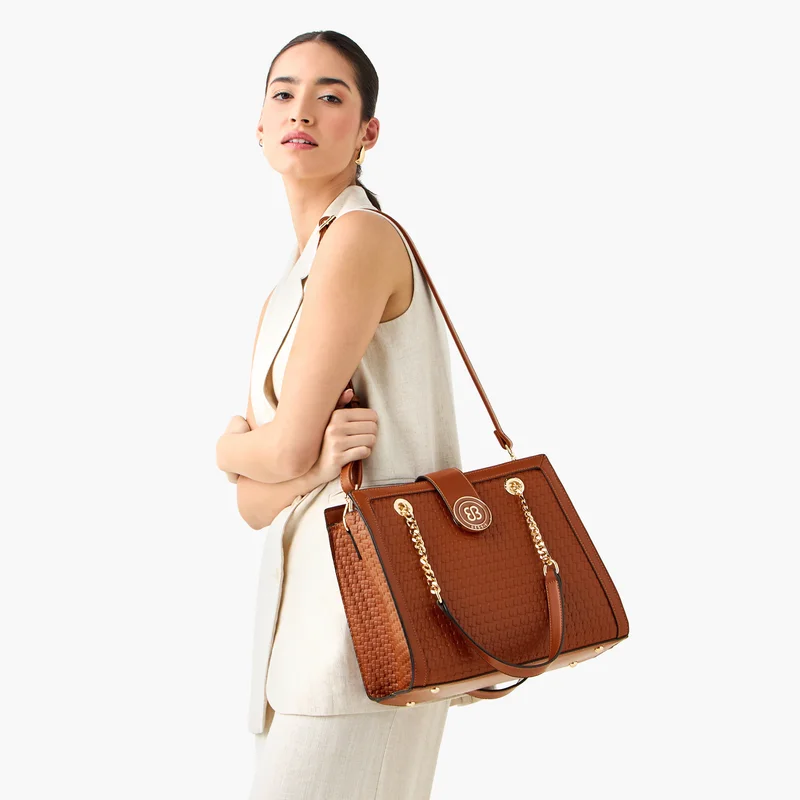 Bessie London Brown Weave Textured Tote Bag for Women